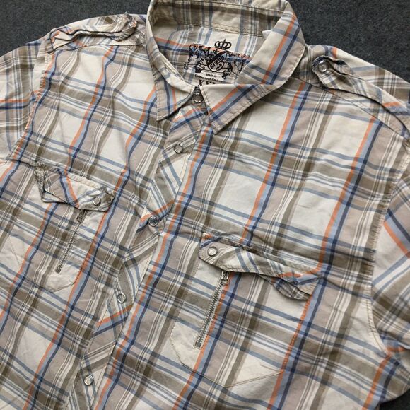 GUESS Western Shirt Men 2XL Beige Plaid Pearl Snap Coastal Cowboy Rodeo Country - Picture 3 of 14